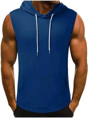 Mens Sleeveless Hoodies Drawstring Lightweight Outdoor Active Tank Tops Solid Color Loose Fashion Casual Versatile Pullover