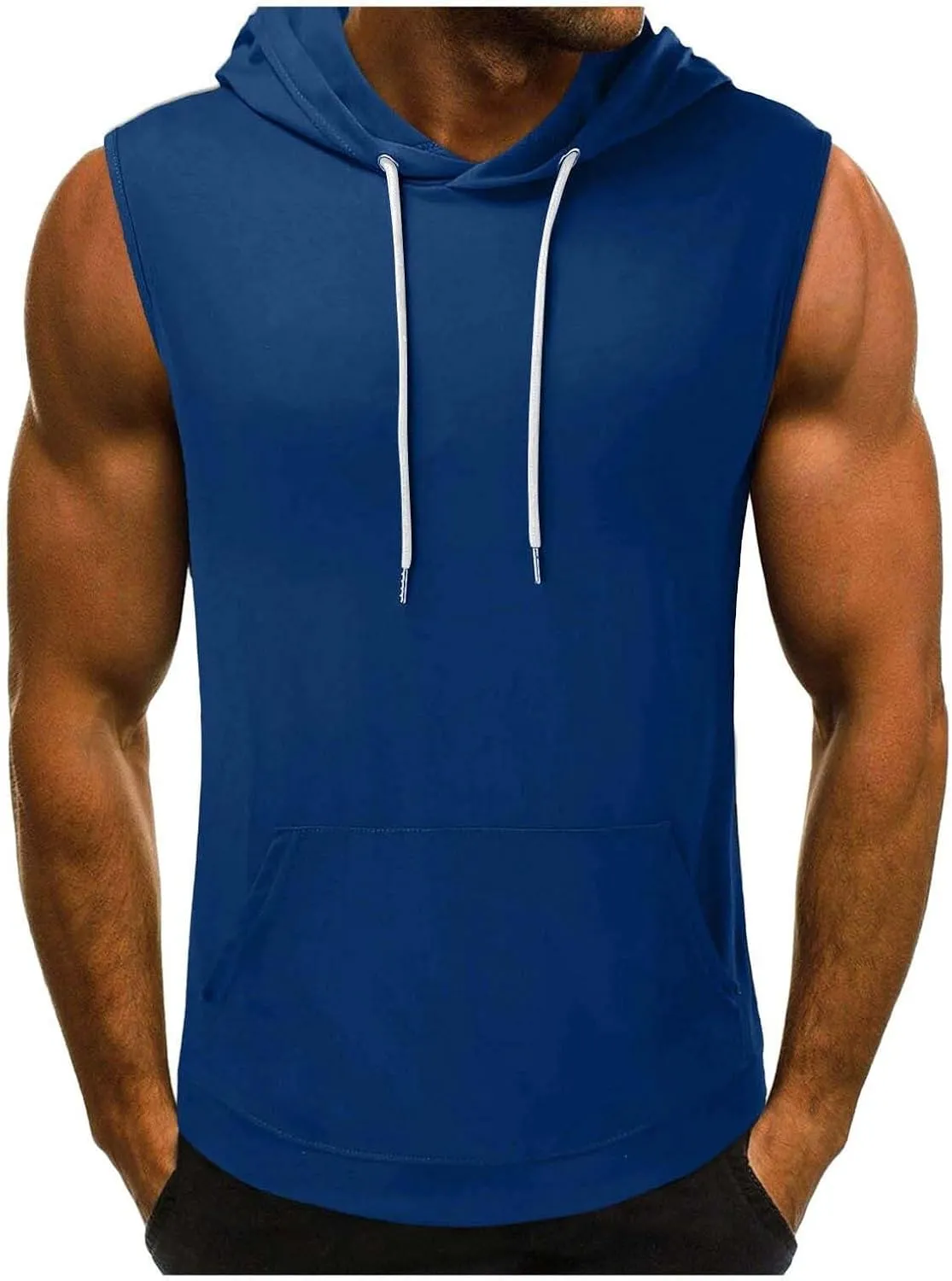 Mens Sleeveless Hoodies Drawstring Lightweight Outdoor Active Tank Tops Solid Color Loose Fashion Casual Versatile Pullover