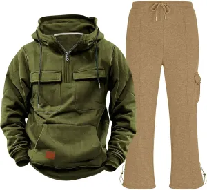 Mens Sweatsuit 2 Piece Quarter Zip Long Sleeve Tactical Hooded Drawstring Pullover Straight Leg Trousers with Pockets