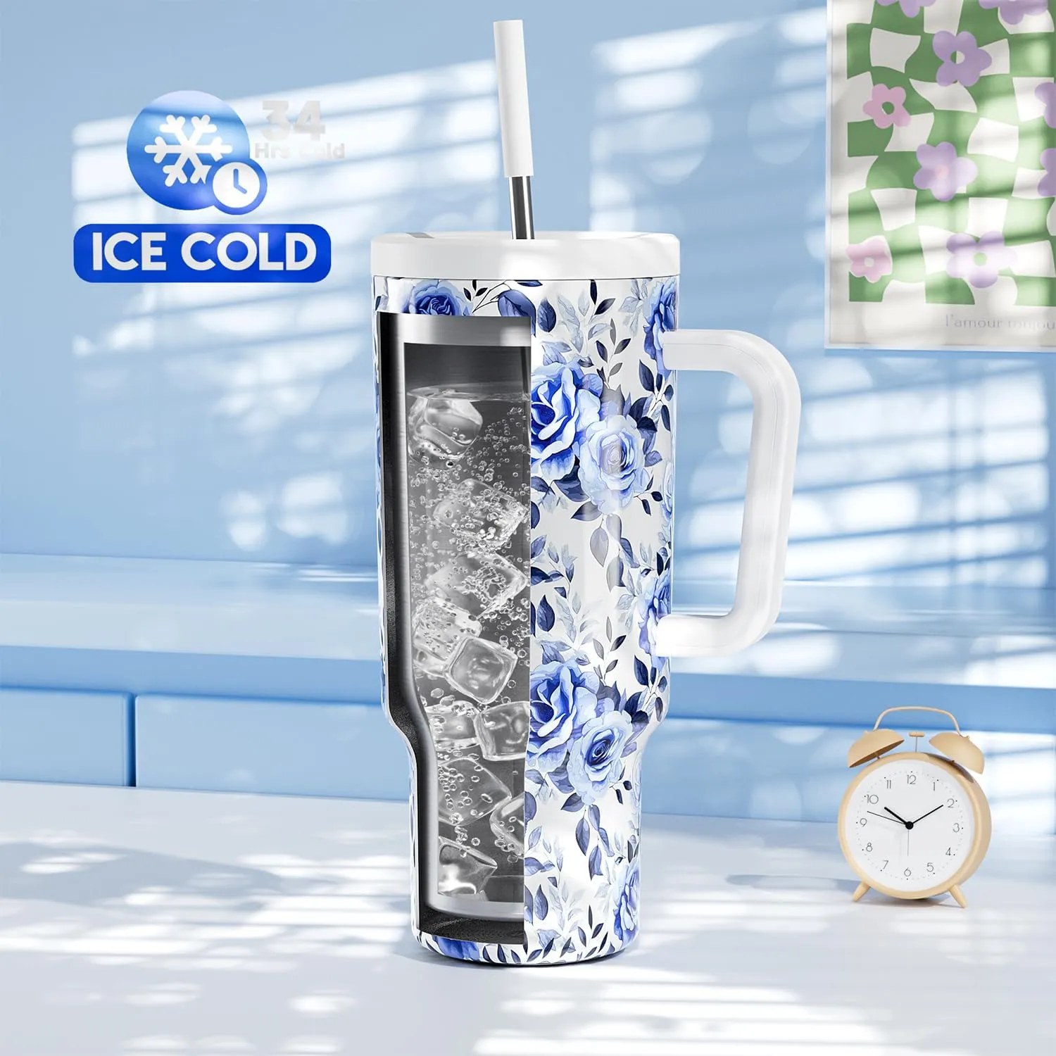 Meoky 40 oz Tumbler with Handle and Straw: Stainless Steel Insulated Tumbler with Lid and Straw - 100% Leak Proof Tumbler for Car Cup Holders - Travelers Commuters Workers, Blue Rose