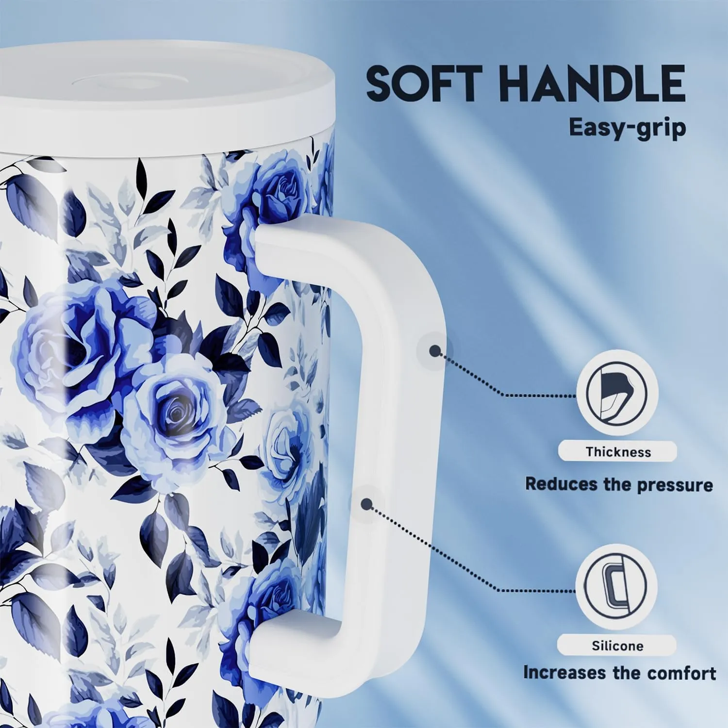 Meoky 40 oz Tumbler with Handle and Straw: Stainless Steel Insulated Tumbler with Lid and Straw - 100% Leak Proof Tumbler for Car Cup Holders - Travelers Commuters Workers, Blue Rose