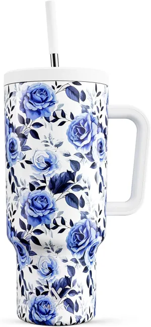 Meoky 40 oz Tumbler with Handle and Straw: Stainless Steel Insulated Tumbler with Lid and Straw - 100% Leak Proof Tumbler for Car Cup Holders - Travelers Commuters Workers, Blue Rose