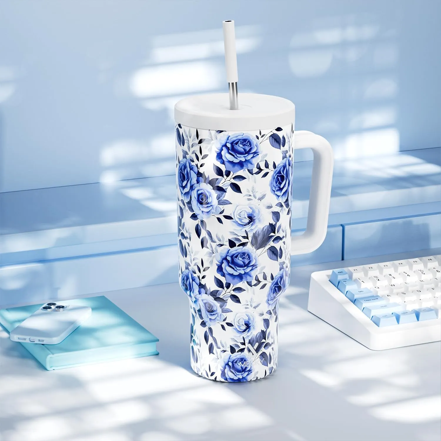 Meoky 40 oz Tumbler with Handle and Straw: Stainless Steel Insulated Tumbler with Lid and Straw - 100% Leak Proof Tumbler for Car Cup Holders - Travelers Commuters Workers, Blue Rose