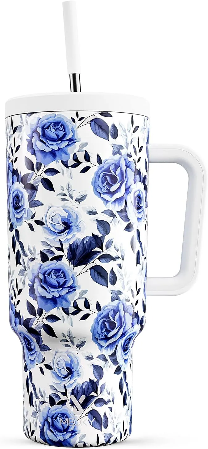 Meoky 40 oz Tumbler with Handle and Straw: Stainless Steel Insulated Tumbler with Lid and Straw - 100% Leak Proof Tumbler for Car Cup Holders - Travelers Commuters Workers, Blue Rose