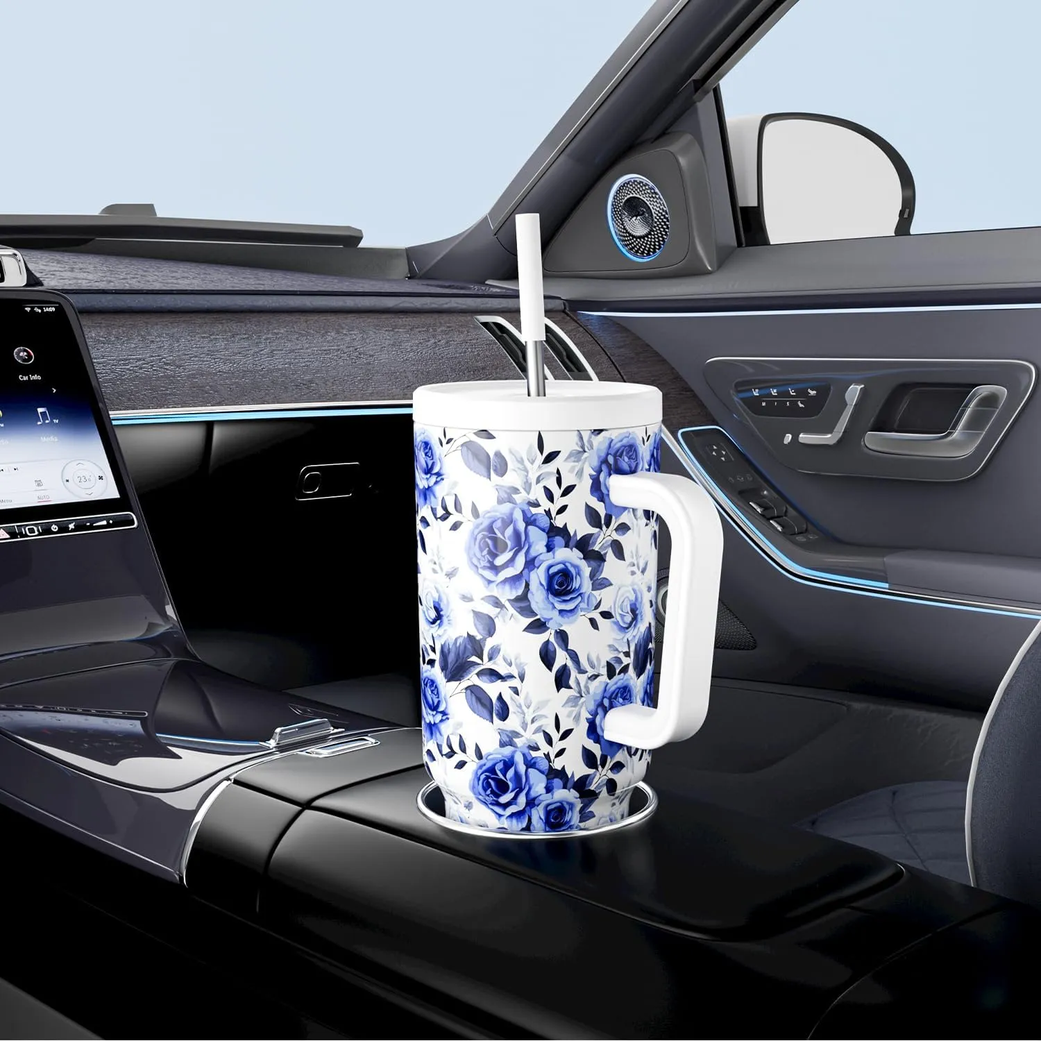 Meoky 40 oz Tumbler with Handle and Straw: Stainless Steel Insulated Tumbler with Lid and Straw - 100% Leak Proof Tumbler for Car Cup Holders - Travelers Commuters Workers, Blue Rose