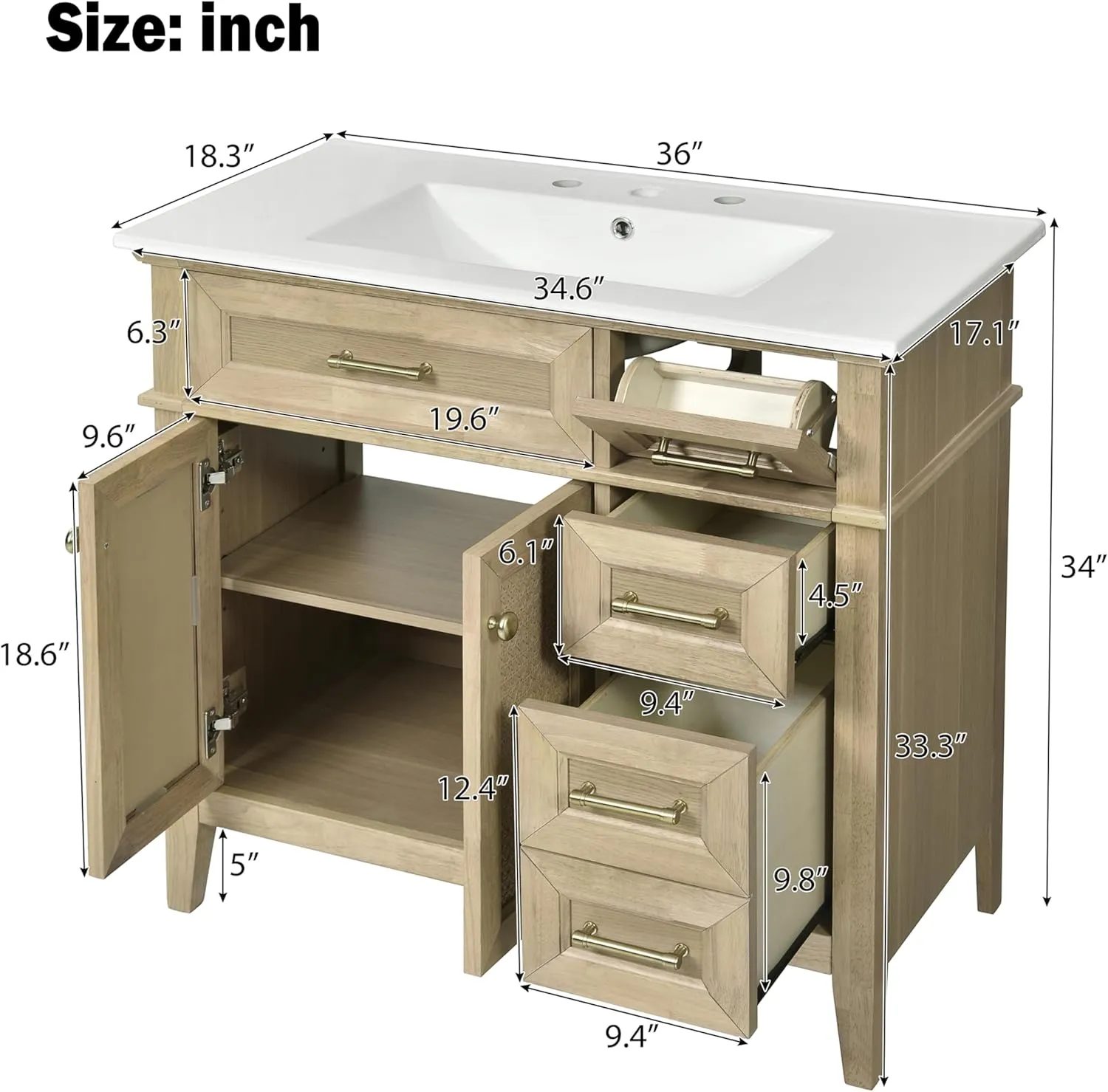 Merax 36" Bathroom Vanity with Ceramic Sink Combo, Freestanding Modern Vanities Cabinet & Adjustable Shelf, Soft Closing Doors, 2 Storage Drawers, 1 Flip-Down Drawer, Solid Wood Frame, Light Oak
