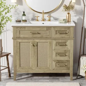 Merax 36" Bathroom Vanity with Ceramic Sink Combo, Freestanding Modern Vanities Cabinet & Adjustable Shelf, Soft Closing Doors, 2 Storage Drawers, 1 Flip-Down Drawer, Solid Wood Frame, Light Oak