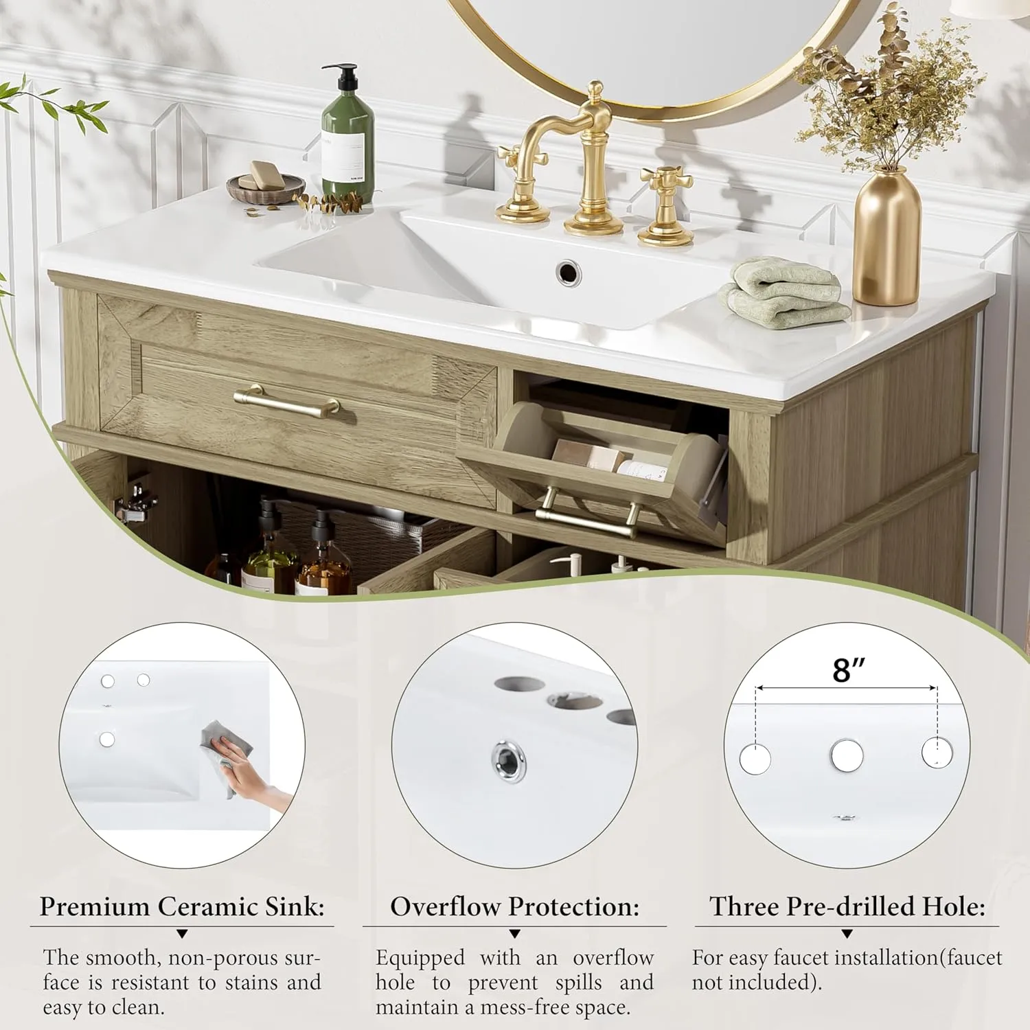 Merax 36" Bathroom Vanity with Ceramic Sink Combo, Freestanding Modern Vanities Cabinet & Adjustable Shelf, Soft Closing Doors, 2 Storage Drawers, 1 Flip-Down Drawer, Solid Wood Frame, Light Oak