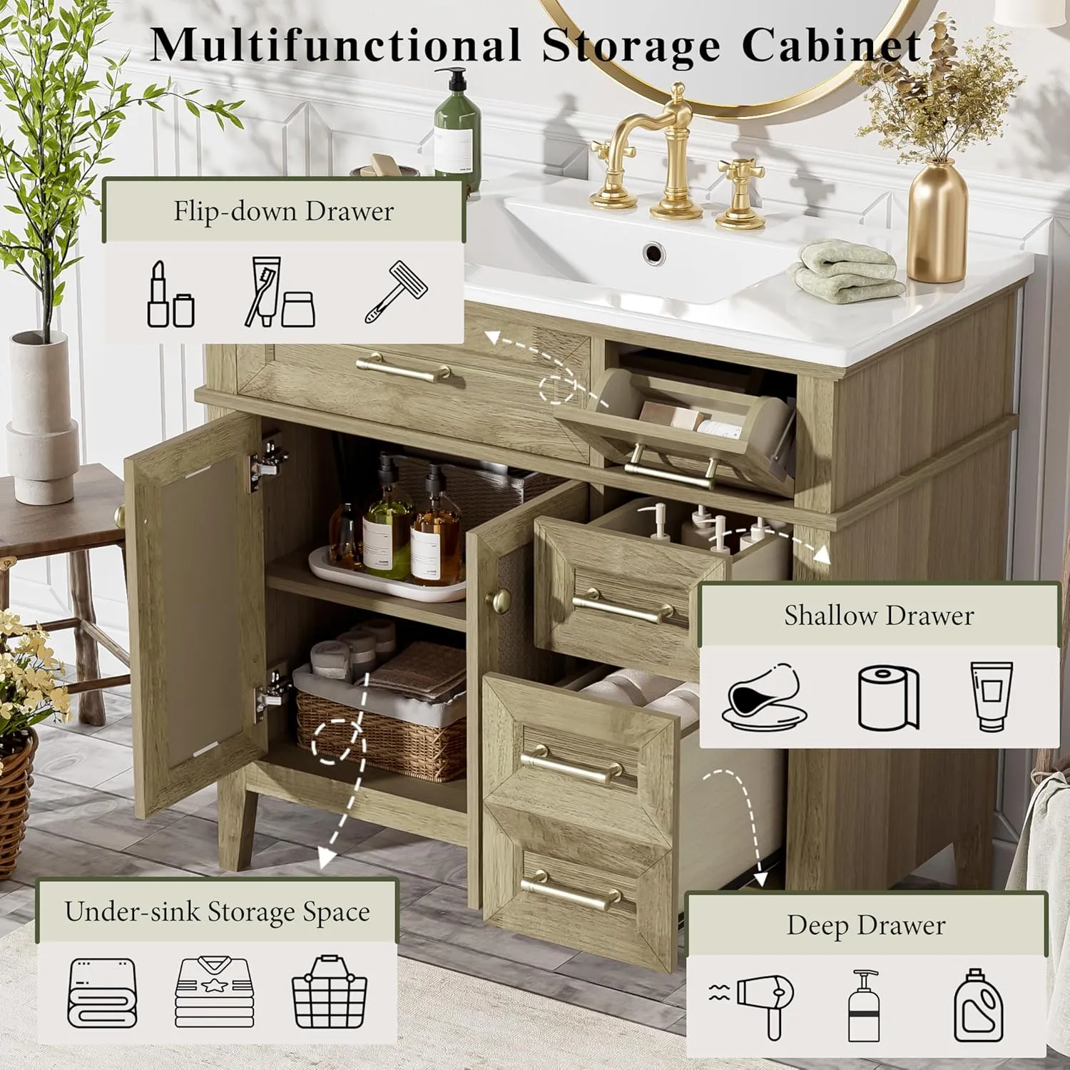 Merax 36" Bathroom Vanity with Ceramic Sink Combo, Freestanding Modern Vanities Cabinet & Adjustable Shelf, Soft Closing Doors, 2 Storage Drawers, 1 Flip-Down Drawer, Solid Wood Frame, Light Oak