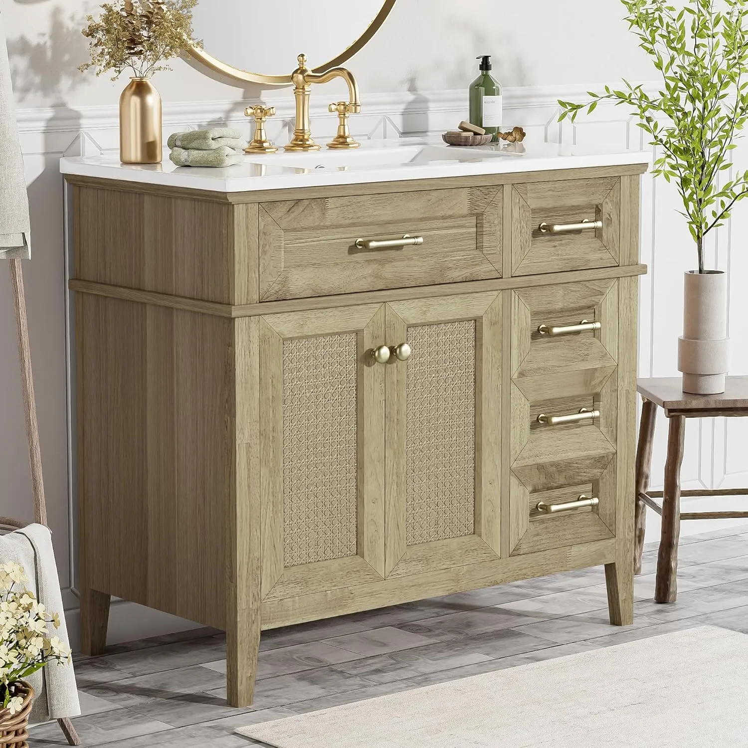 Merax 36" Bathroom Vanity with Ceramic Sink Combo, Freestanding Modern Vanities Cabinet & Adjustable Shelf, Soft Closing Doors, 2 Storage Drawers, 1 Flip-Down Drawer, Solid Wood Frame, Light Oak