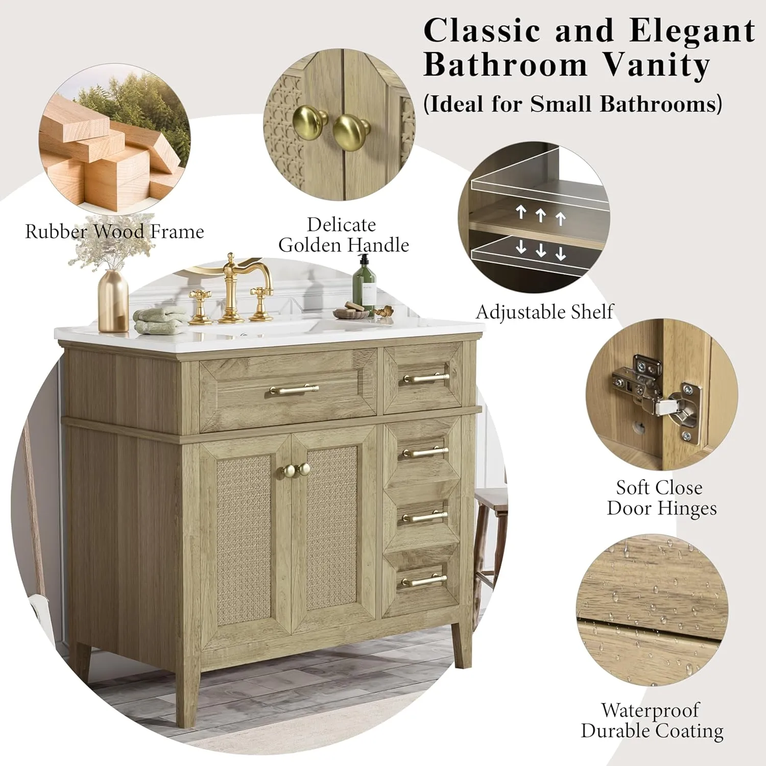 Merax 36" Bathroom Vanity with Ceramic Sink Combo, Freestanding Modern Vanities Cabinet & Adjustable Shelf, Soft Closing Doors, 2 Storage Drawers, 1 Flip-Down Drawer, Solid Wood Frame, Light Oak