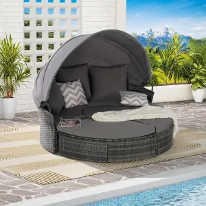 Merax 5 Pieces Outdoor Patio Round Daybed Furniture,All-Weather Wicker Conversation Sofa Sunbed Set with Retractable Canopy, Soft Cushions and Storable Table for Leisure in Porch Backyard,Dark Gray