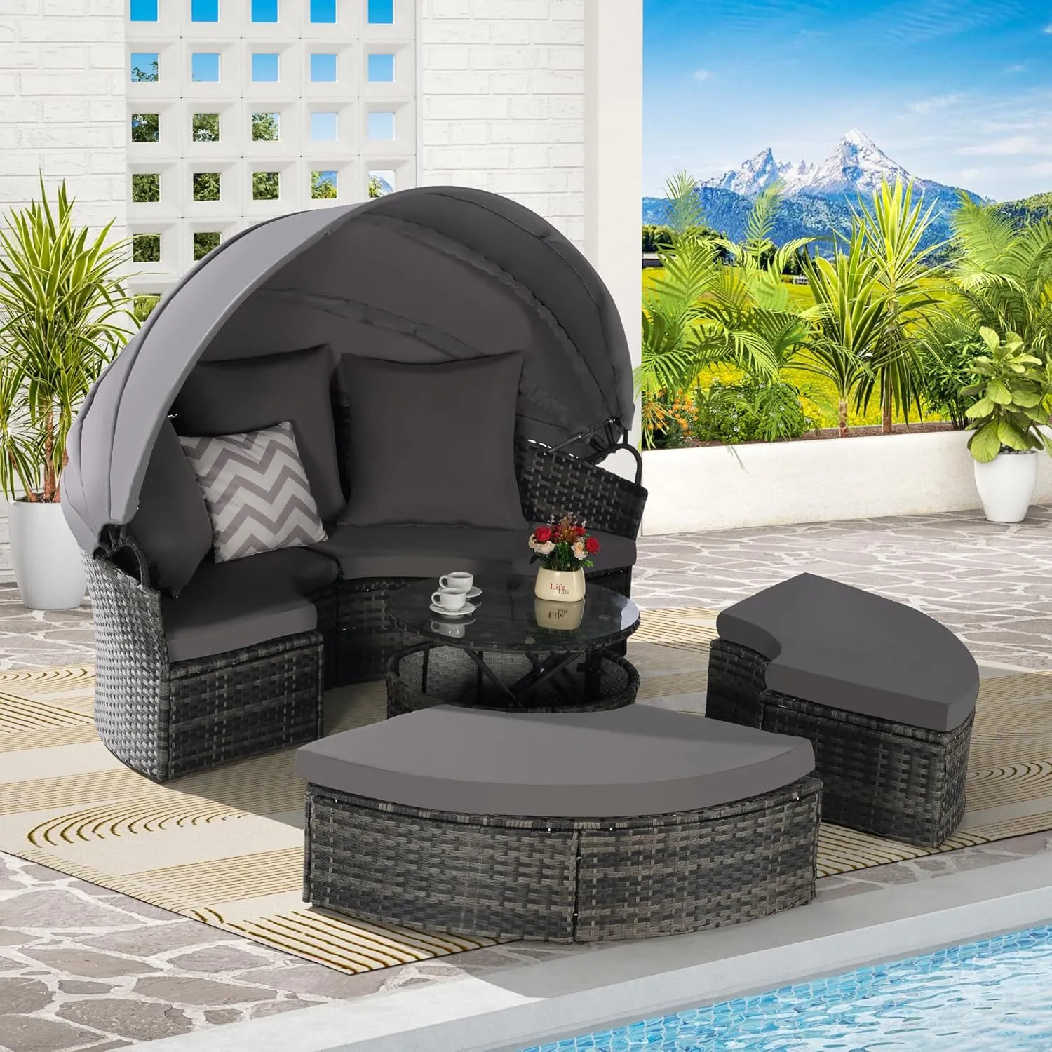Merax 5 Pieces Outdoor Patio Round Daybed Furniture,All-Weather Wicker Conversation Sofa Sunbed Set with Retractable Canopy, Soft Cushions and Storable Table for Leisure in Porch Backyard,Dark Gray