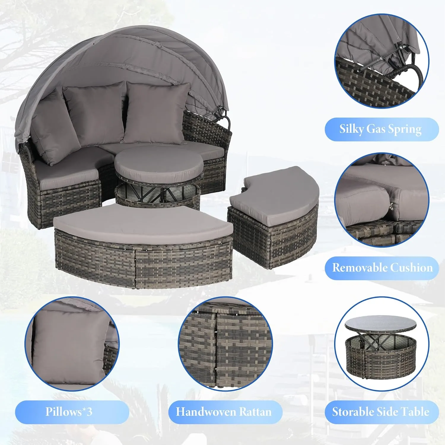 Merax 5 Pieces Outdoor Patio Round Daybed Furniture,All-Weather Wicker Conversation Sofa Sunbed Set with Retractable Canopy, Soft Cushions and Storable Table for Leisure in Porch Backyard,Dark Gray