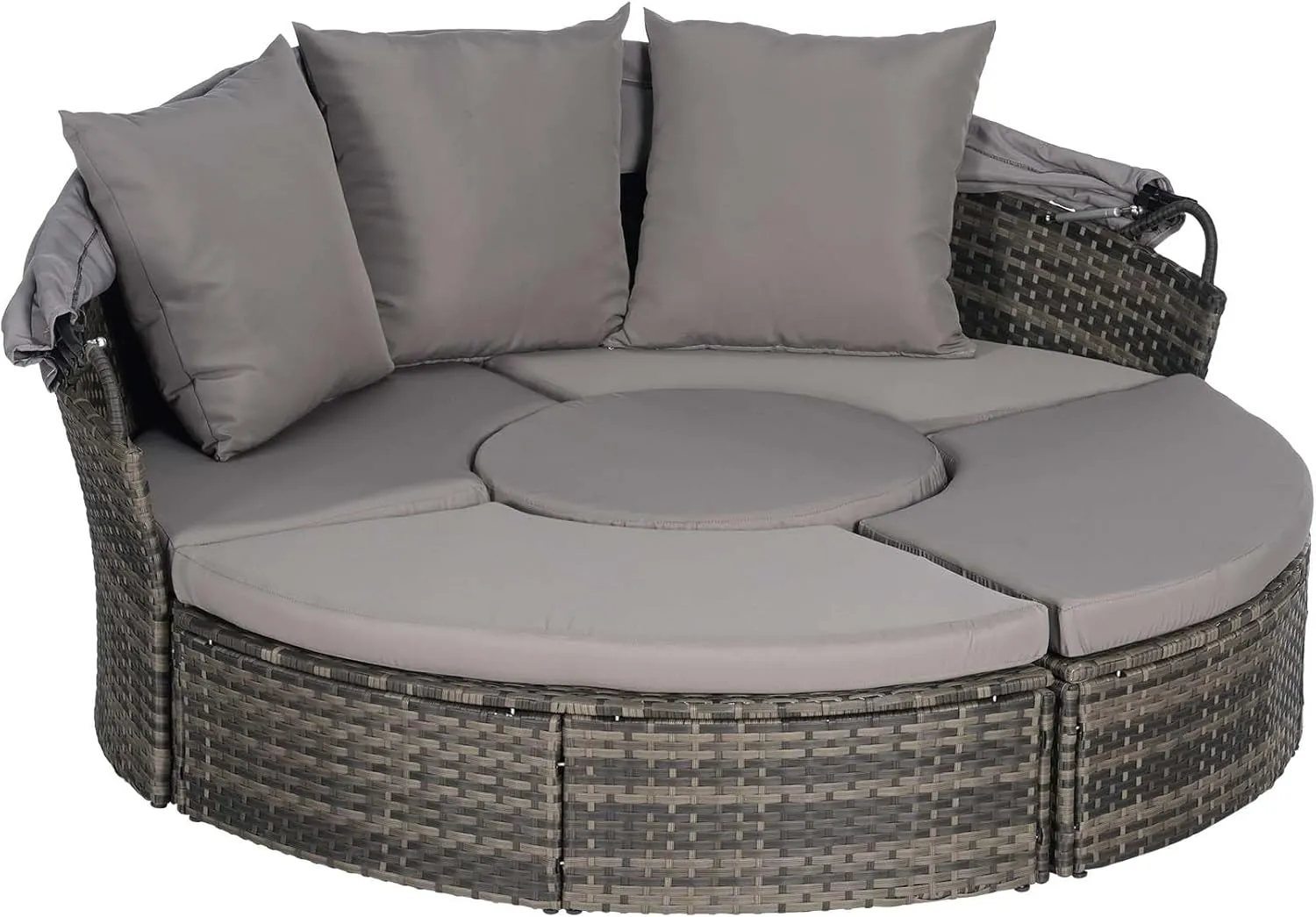 Merax 5 Pieces Outdoor Patio Round Daybed Furniture,All-Weather Wicker Conversation Sofa Sunbed Set with Retractable Canopy, Soft Cushions and Storable Table for Leisure in Porch Backyard,Dark Gray