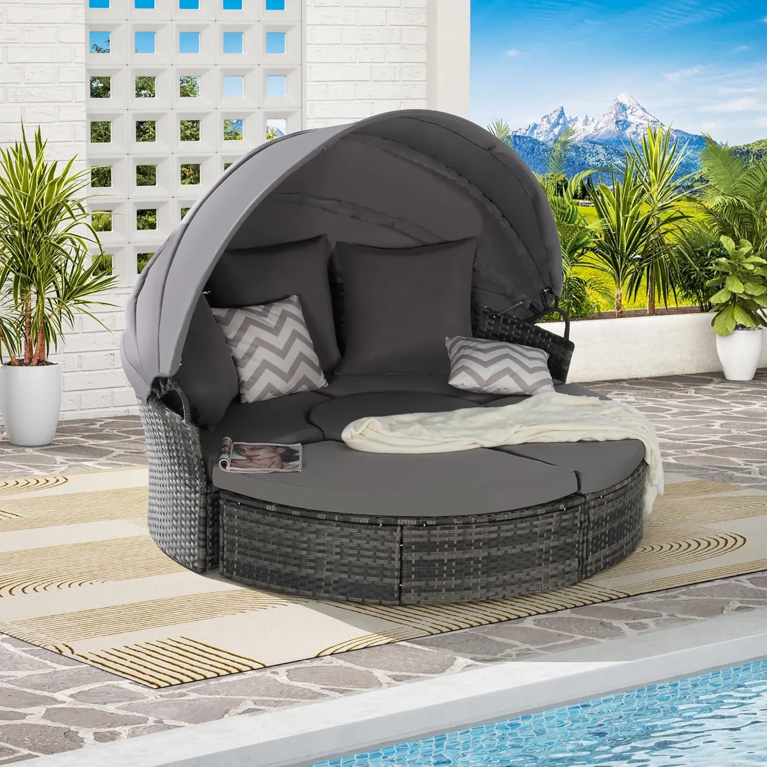 Merax 5 Pieces Outdoor Patio Round Daybed Furniture,All-Weather Wicker Conversation Sofa Sunbed Set with Retractable Canopy, Soft Cushions and Storable Table for Leisure in Porch Backyard,Dark Gray