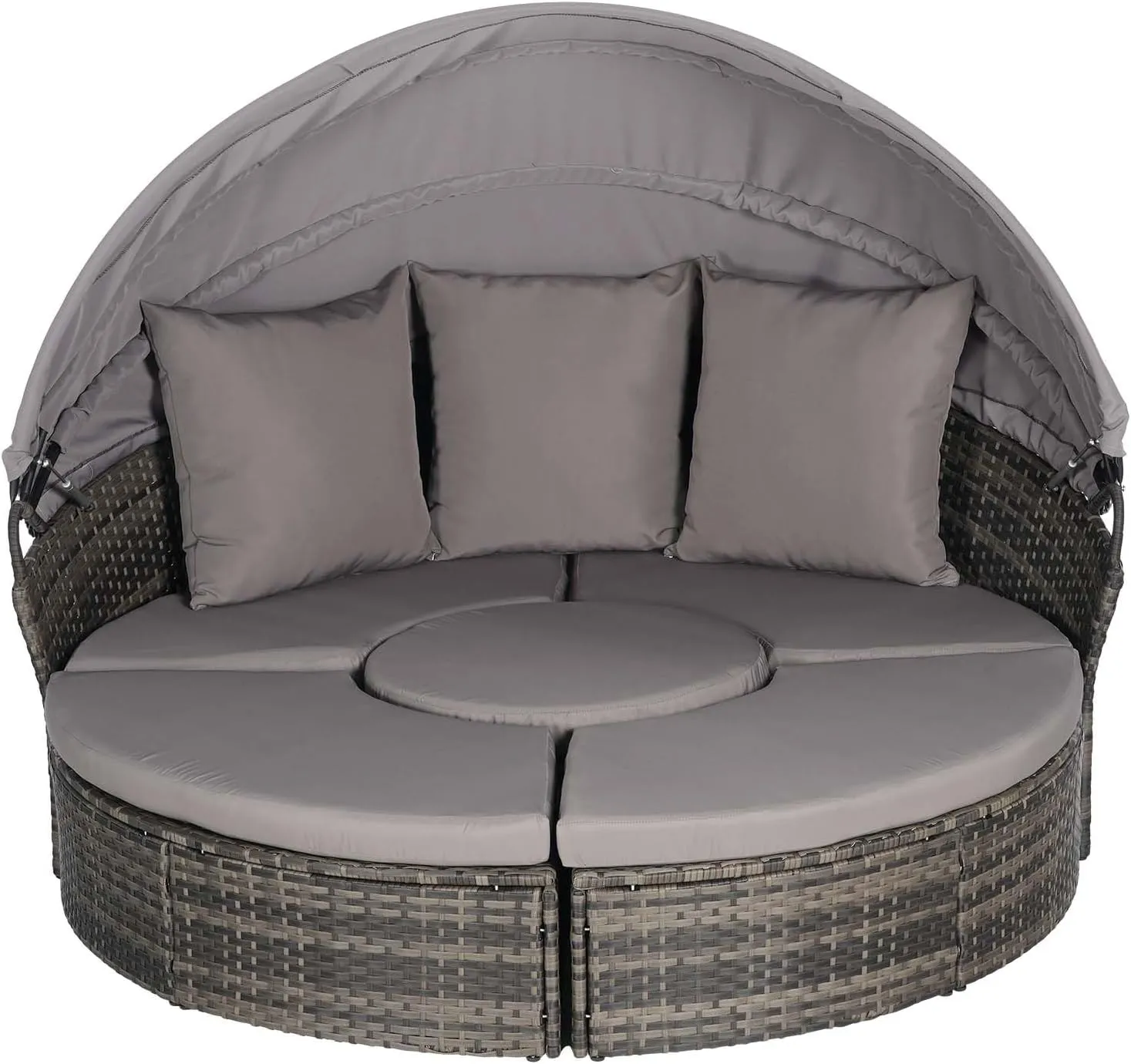 Merax 5 Pieces Outdoor Patio Round Daybed Furniture,All-Weather Wicker Conversation Sofa Sunbed Set with Retractable Canopy, Soft Cushions and Storable Table for Leisure in Porch Backyard,Dark Gray
