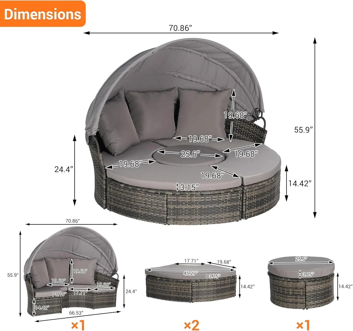 Merax 5 Pieces Outdoor Patio Round Daybed Furniture,All-Weather Wicker Conversation Sofa Sunbed Set with Retractable Canopy, Soft Cushions and Storable Table for Leisure in Porch Backyard,Dark Gray