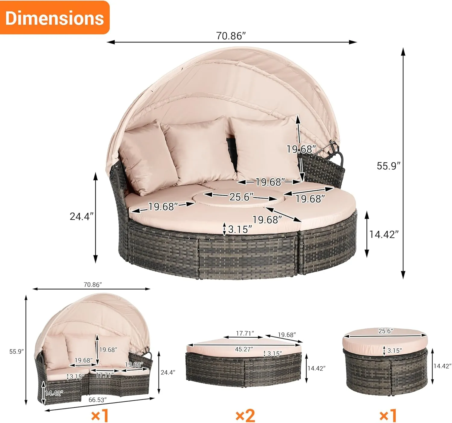 Merax 5 Pieces Outdoor Patio Round Daybed Furniture,All-Weather Wicker Conversation Sofa Sunbed Set with Retractable Canopy, Soft Cushions and Storable Table for Leisure in Porch Backyard,Gray Beige
