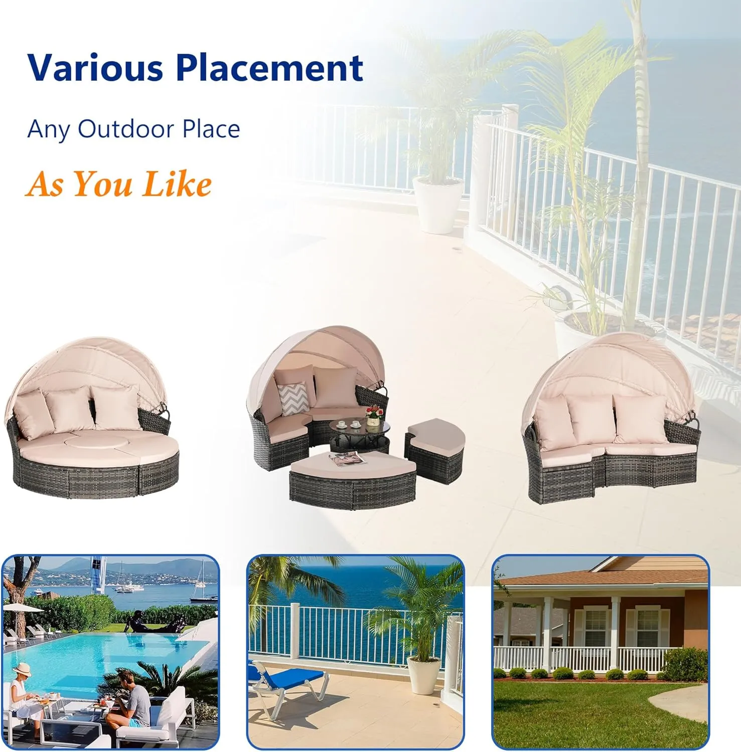 Merax 5 Pieces Outdoor Patio Round Daybed Furniture,All-Weather Wicker Conversation Sofa Sunbed Set with Retractable Canopy, Soft Cushions and Storable Table for Leisure in Porch Backyard,Gray Beige