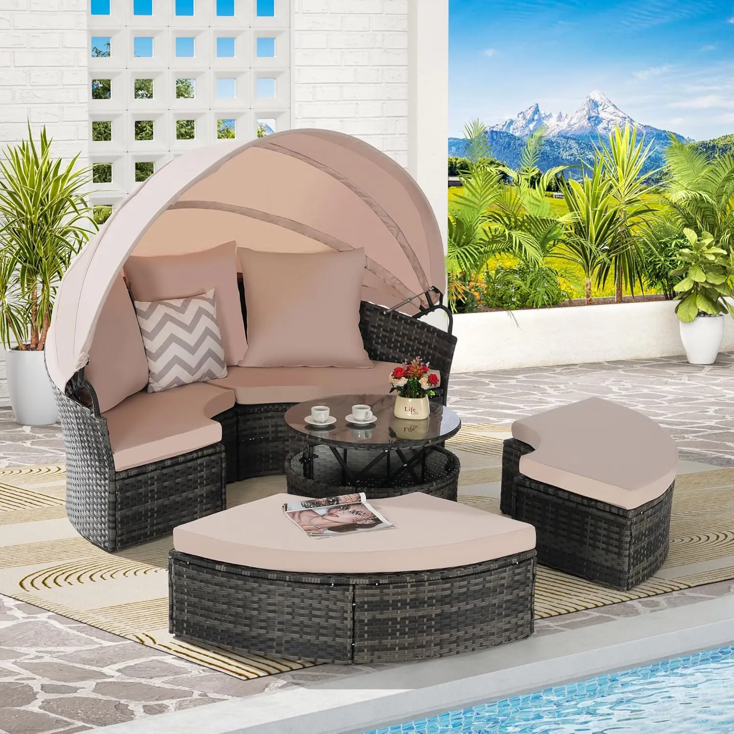 Merax 5 Pieces Outdoor Patio Round Daybed Furniture,All-Weather Wicker Conversation Sofa Sunbed Set with Retractable Canopy, Soft Cushions and Storable Table for Leisure in Porch Backyard,Gray Beige