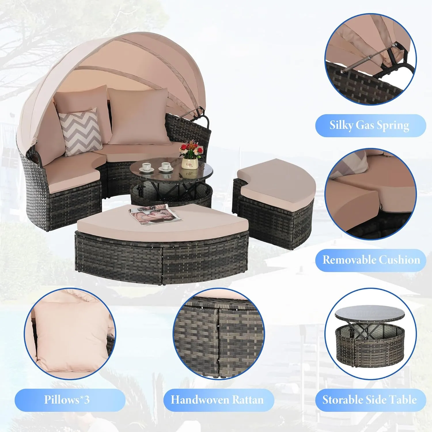 Merax 5 Pieces Outdoor Patio Round Daybed Furniture,All-Weather Wicker Conversation Sofa Sunbed Set with Retractable Canopy, Soft Cushions and Storable Table for Leisure in Porch Backyard,Gray Beige