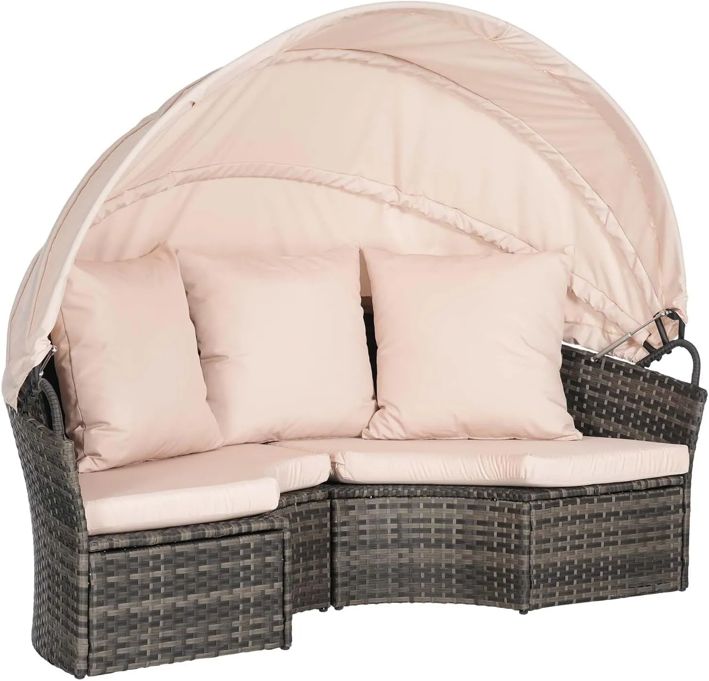 Merax 5 Pieces Outdoor Patio Round Daybed Furniture,All-Weather Wicker Conversation Sofa Sunbed Set with Retractable Canopy, Soft Cushions and Storable Table for Leisure in Porch Backyard,Gray Beige