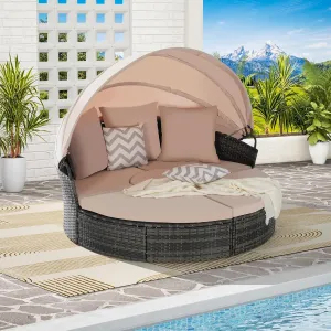 Merax 5 Pieces Outdoor Patio Round Daybed Furniture,All-Weather Wicker Conversation Sofa Sunbed Set with Retractable Canopy, Soft Cushions and Storable Table for Leisure in Porch Backyard,Gray Beige