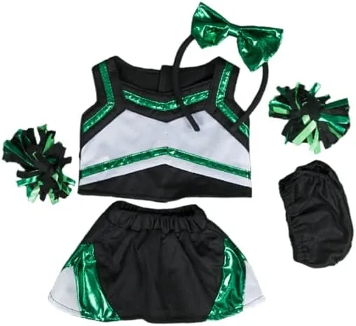 Metallic Green and Black Cheerleader Outfit Fits 6 to 10 Inch Stuffed Animals Sparkly Uniform with Pom Poms for Plush Toys, Teddy, Bear Dressup Costume Soft Toys