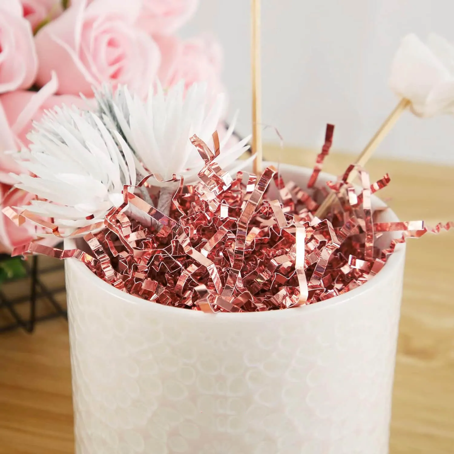 Metallic Rose Gold Crinkle Paper Shredded Gift Basket Filler, 1 LB
