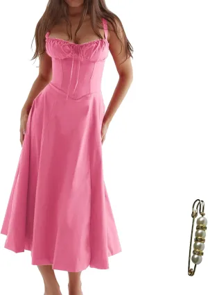 Midi Dresses for Women Tea Party Vacation Going Out Corset Flowy Cute A Line Casual Formal Long Satin Dress