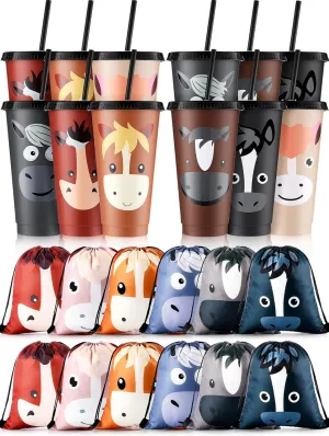 Mifoci 24 Pcs Horse Party Favors Supplies 12 Plastic Cups with Lids and Straws and 12 Drawstring Backpack 24oz Reusable Tumble Water Bottles Bag for Horse Themed Party Decorations