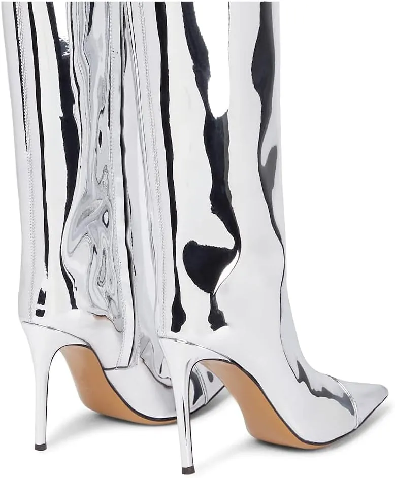 MissHeel Metallic Chrome Stiletto Knee High Fashion Boots with Side Zipper