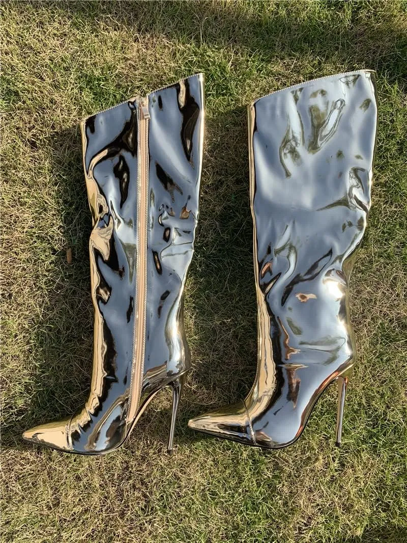 MissHeel Metallic Chrome Stiletto Knee High Fashion Boots with Side Zipper