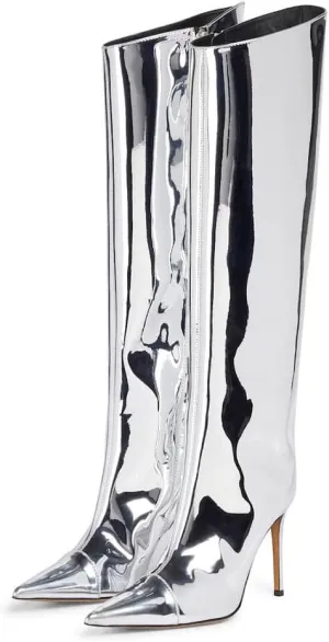 MissHeel Metallic Chrome Stiletto Knee High Fashion Boots with Side Zipper