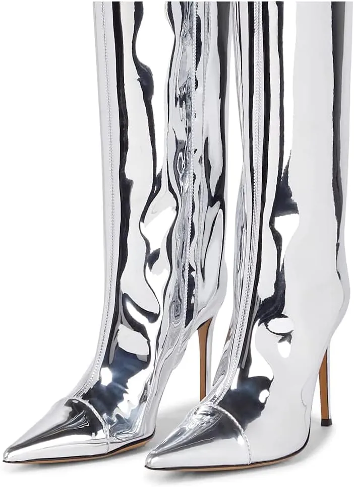 MissHeel Metallic Chrome Stiletto Knee High Fashion Boots with Side Zipper