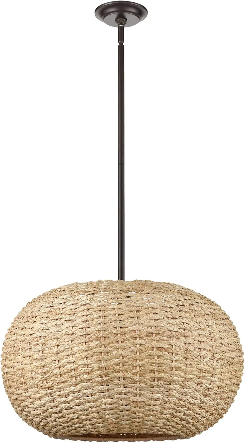 ML Lighting | Bemo Collection | 99302-OB | Indoor 3 Light Metal Pendant in Oiled Bronze with Rattan Rattan Shade | Kitchens, Dining Rooms, Living Rooms, Entryways, Hallways