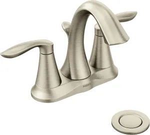 Moen Eva Brushed Nickel Two-Handle 4-Inch Centerset Bathroom Faucet with Drain Assembly, Bathroom Faucets for Sink 3-Hole, 6410BN