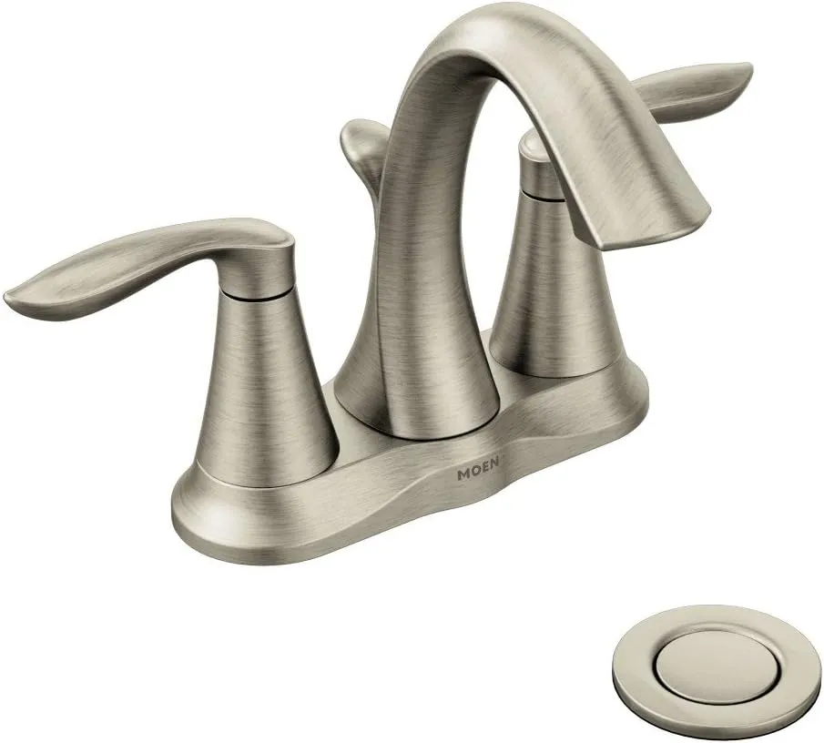 Moen Eva Brushed Nickel Two-Handle 4-Inch Centerset Bathroom Faucet with Drain Assembly, Bathroom Faucets for Sink 3-Hole, 6410BN