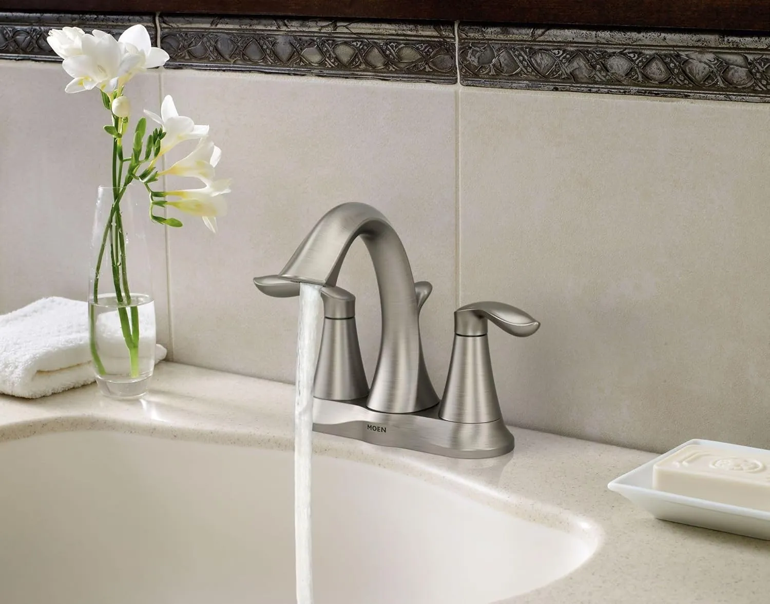 Moen Eva Brushed Nickel Two-Handle 4-Inch Centerset Bathroom Faucet with Drain Assembly, Bathroom Faucets for Sink 3-Hole, 6410BN