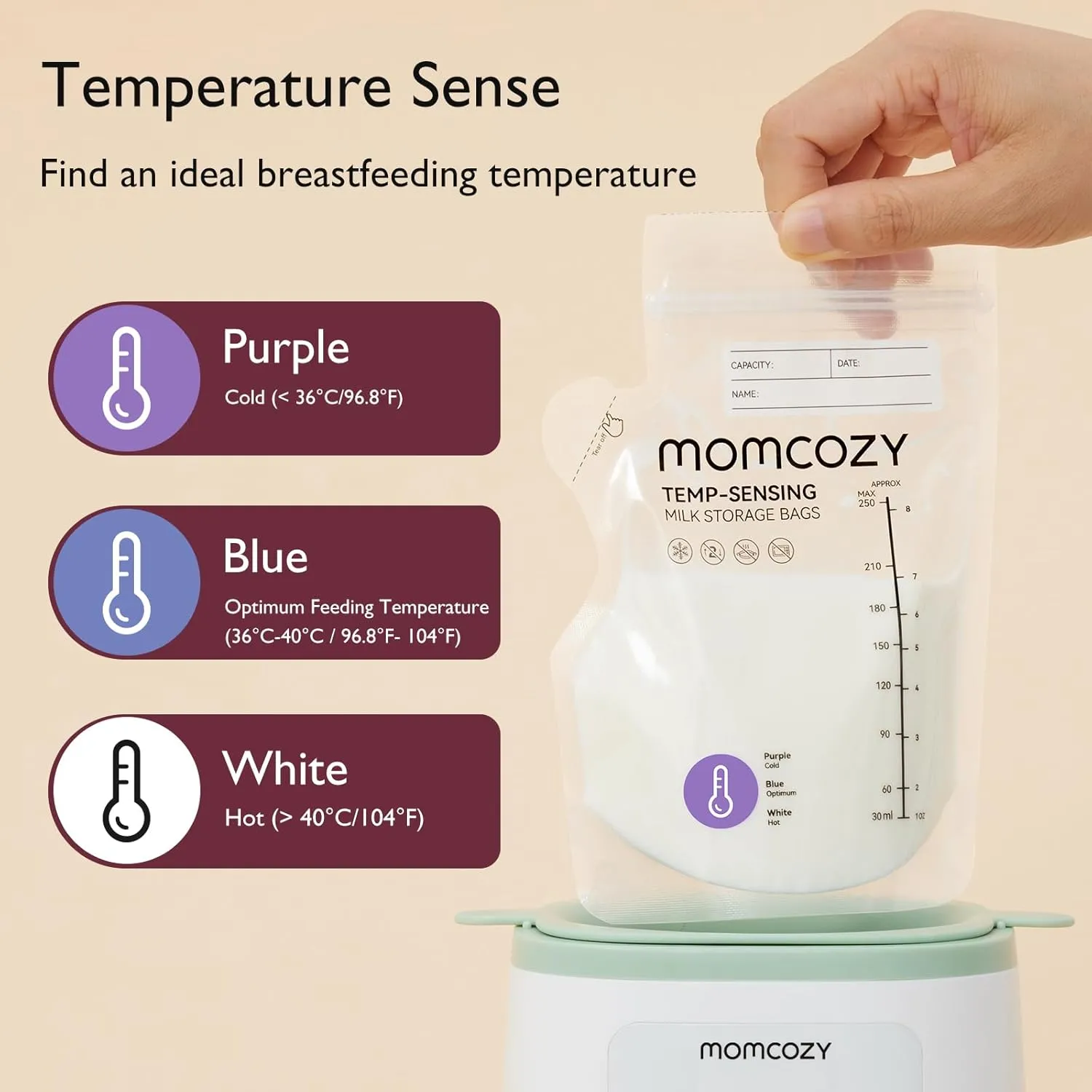 Momcozy Breastmilk Storage Bag, 8Oz, Temp-Sensing Color Change 60 Count Breast Milk Bags with Pour Spout, Milk Bag Self Standing for Breastfeeding, No Leak Presterilized for Freezer
