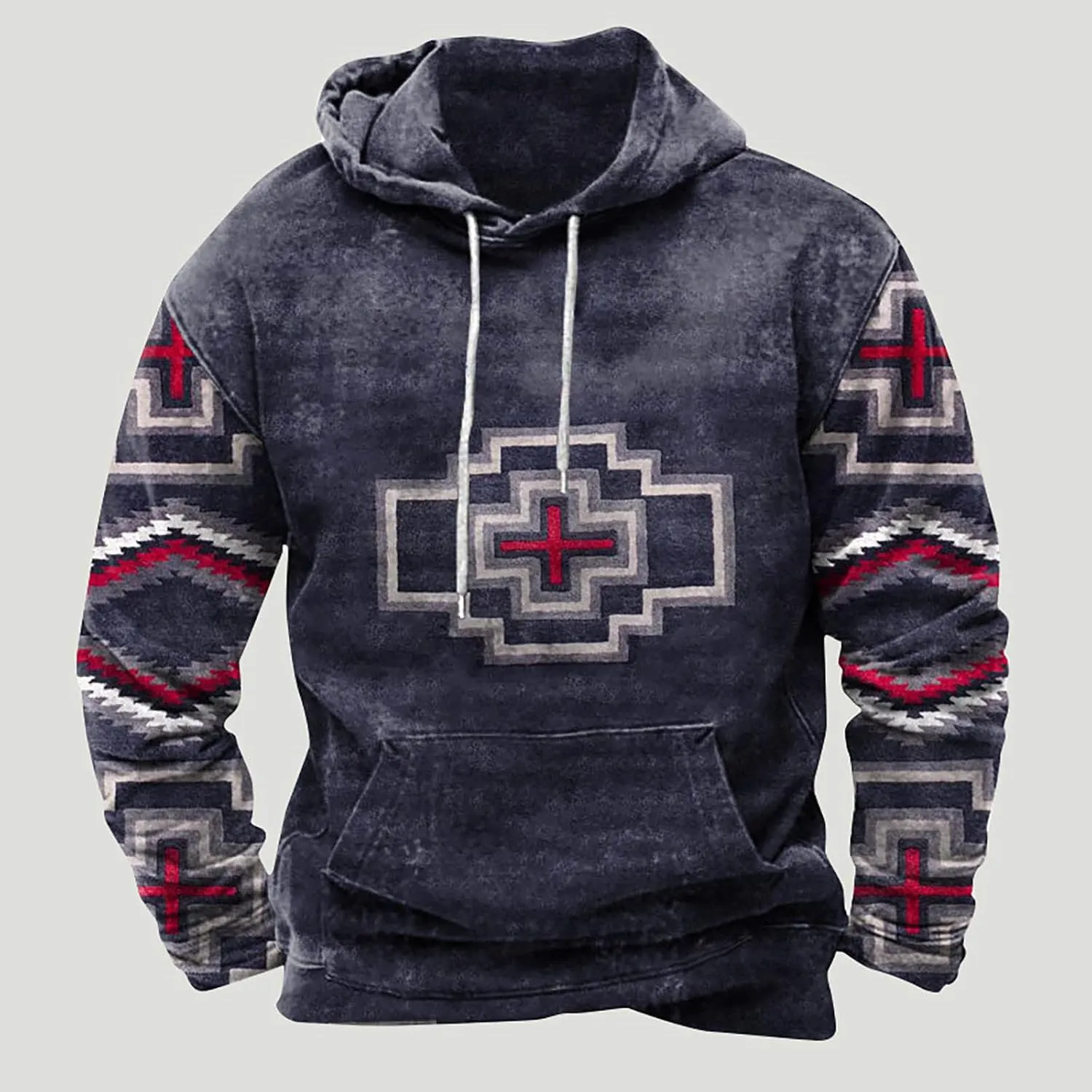 Muscularfit Hoodies for Men Fashion Drawstring Aztec Ethnic Print Hooded Sweatshirts Casual Long Sleeve 4th Of July Shirts
