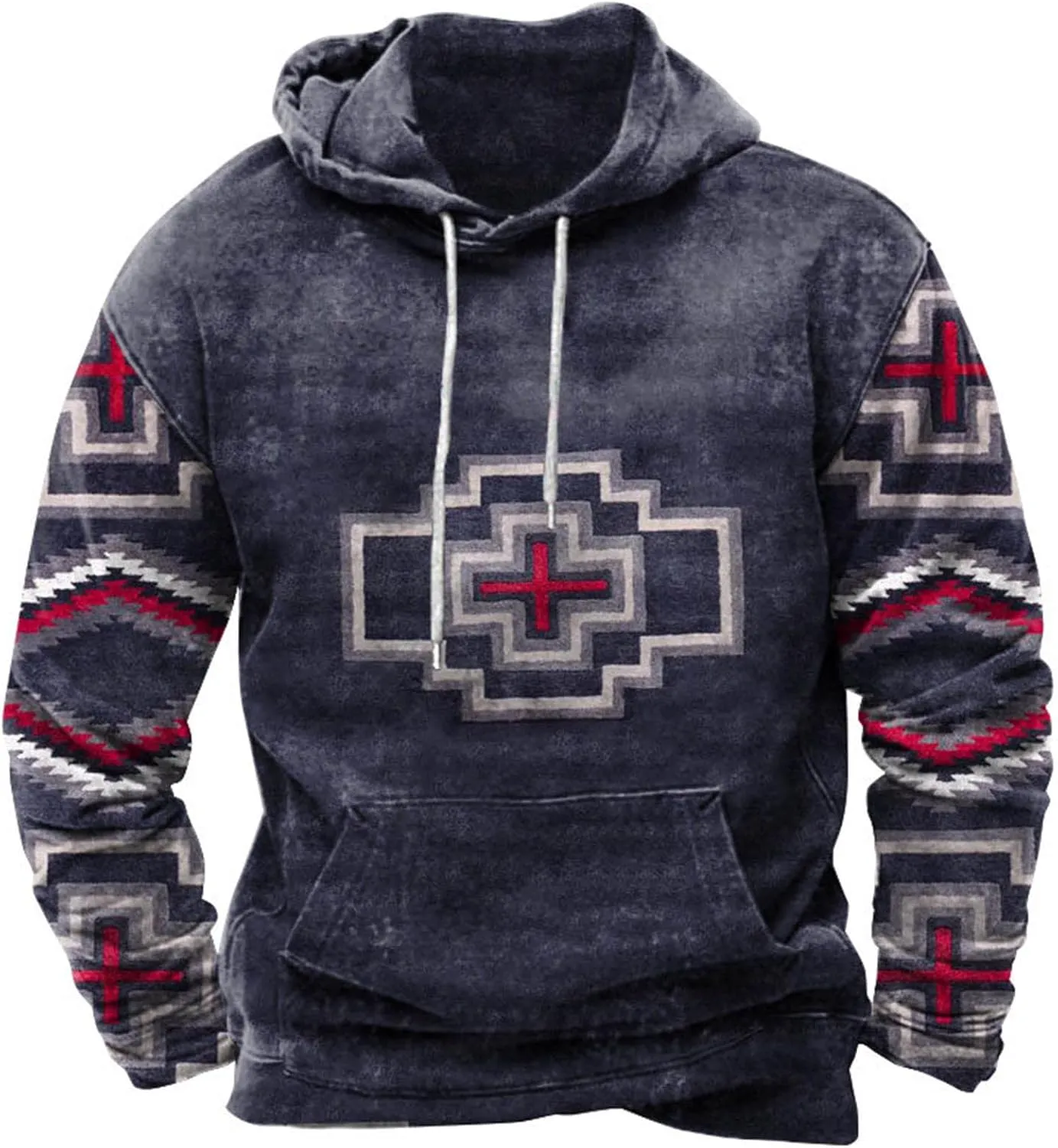 Muscularfit Hoodies for Men Fashion Drawstring Aztec Ethnic Print Hooded Sweatshirts Casual Long Sleeve 4th Of July Shirts
