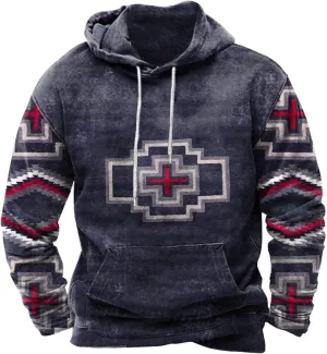 Muscularfit Hoodies for Men Fashion Drawstring Aztec Ethnic Print Hooded Sweatshirts Casual Long Sleeve 4th Of July Shirts
