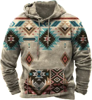 Muscularfit Hoodies for Men Graphic Design Ethnic Print Drawstring Hooded Sweatshirts Casual Long Sleeve Aztec Ethnic Hoodies