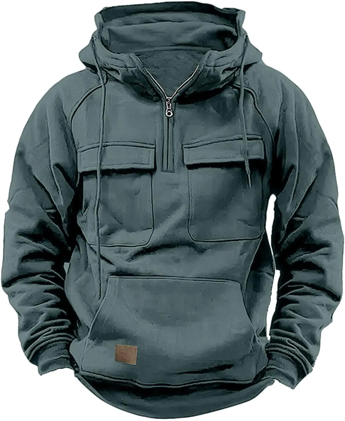 Muscularfit Mens Big and Tall Hoodies Casual Long Sleeve Multi Pockets Cargo Quarter Zip Pullover Sweatshirt Drawstring Shirt