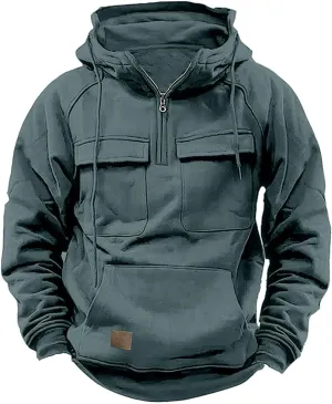 Muscularfit Mens Big and Tall Hoodies Casual Long Sleeve Multi Pockets Cargo Quarter Zip Pullover Sweatshirt Drawstring Shirt