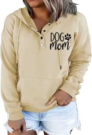 MUZHI Womens MOM Mode Hoodies Sweatshirts Casual Long Sleeve Half Button Down Pullover Drawstring Loose Tops with Pockets