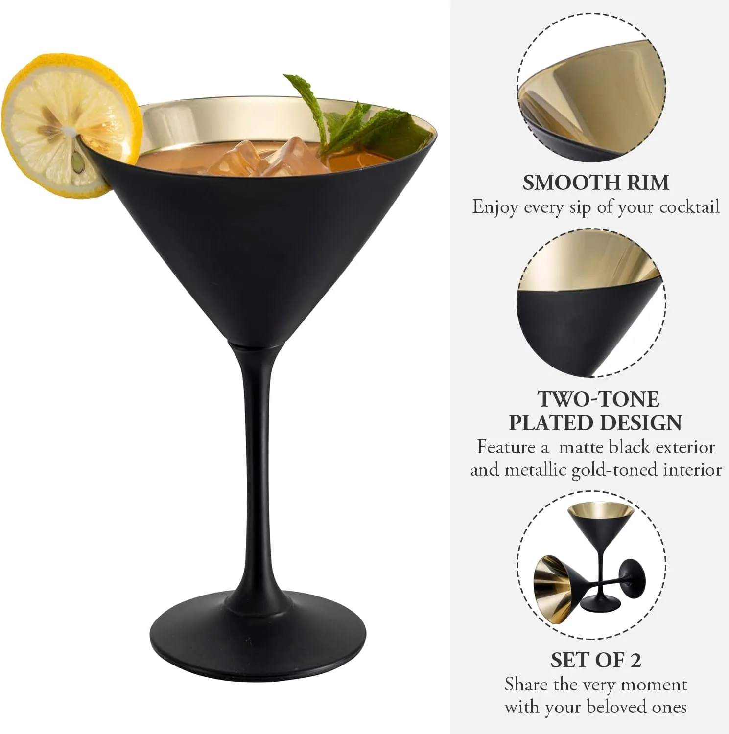 MyGift 8 Ounce Modern Matte Black and Metallic Gold Tone Plated Martini Glasses, Drinking Glass for a Cocktail Party, Wedding, or Anniversary Dinner, Set of 2
