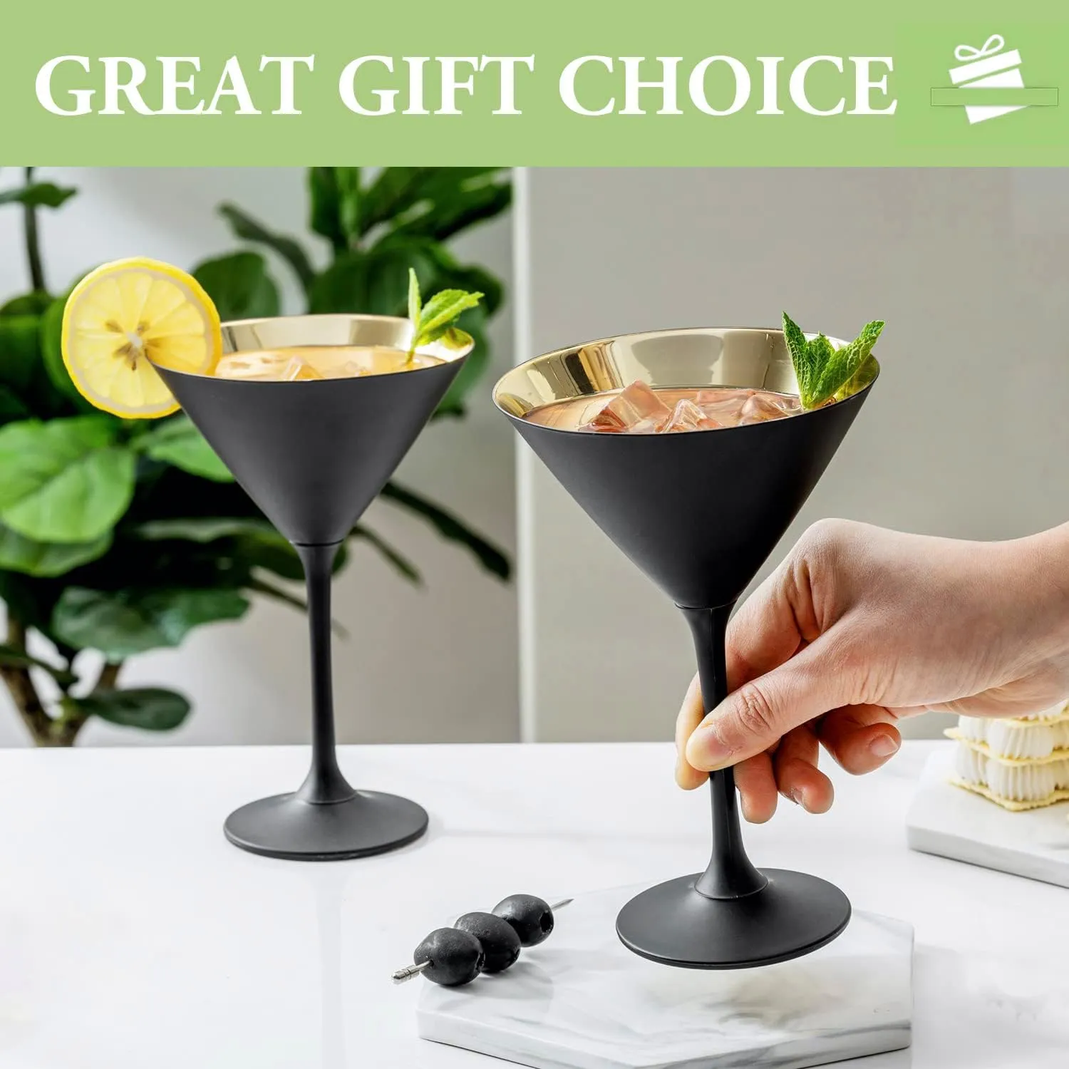 MyGift 8 Ounce Modern Matte Black and Metallic Gold Tone Plated Martini Glasses, Drinking Glass for a Cocktail Party, Wedding, or Anniversary Dinner, Set of 2